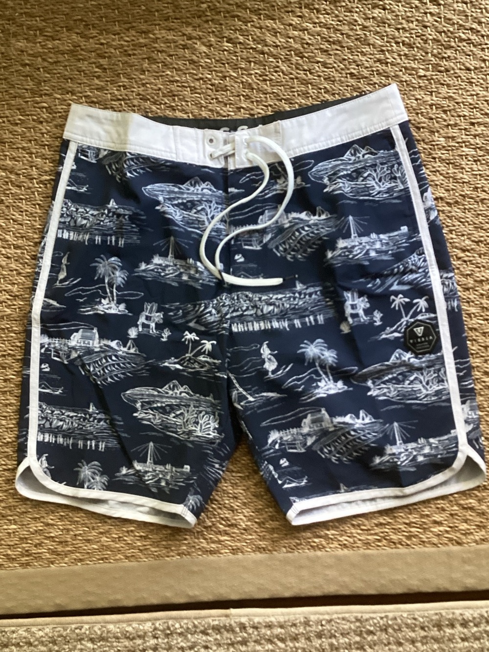 VISSLA Navy and White Island Print Swim Board Shorts